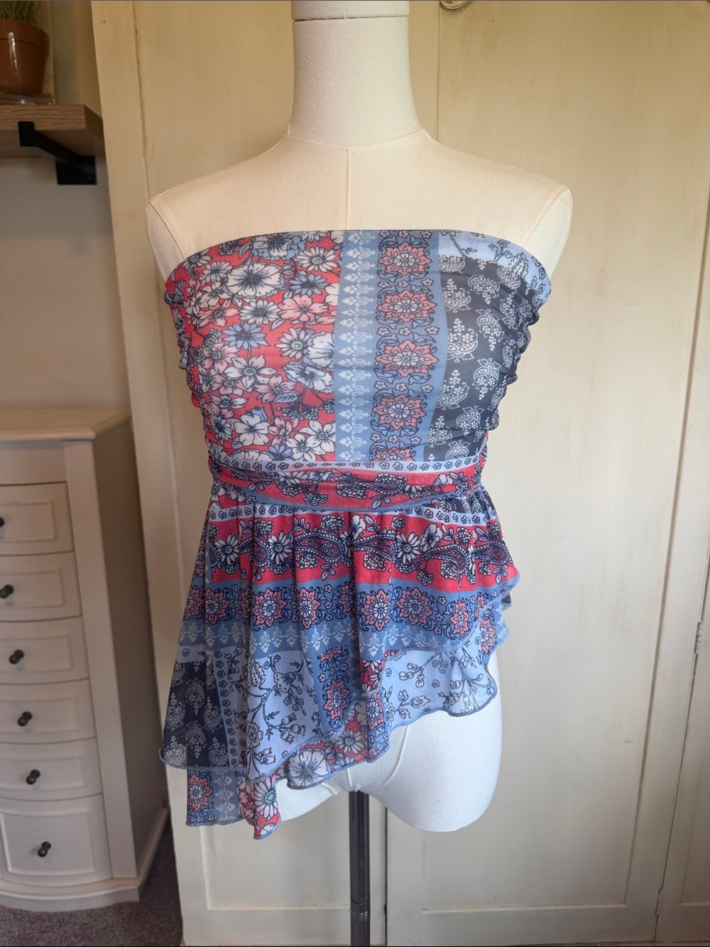 Altar'd State Blue & Coral Strapless Peplum Camisole